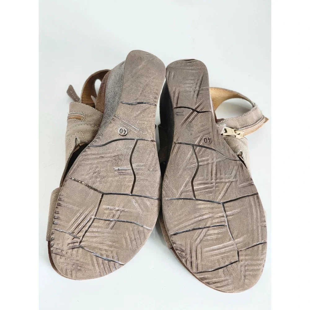 Miz Mooz Scout Womens Taupe Leather Wedge Sandals Ankle Strap Zipper Size 40